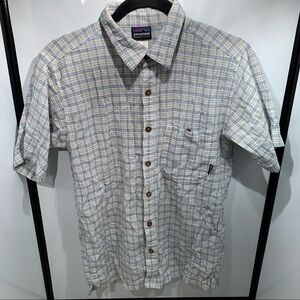 Patagonia Button Up Shirt Men Sm Blue Check Short Sleeve Organic Cotton Gauze
